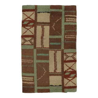 Antique Hooked Runner With Geometric Design in Brown & Green - Rug & Kilim For Sale