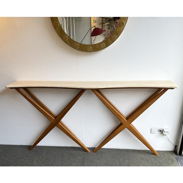 Console table in wood and wave marble shape, like travertine stone, modern work in the mood of the italian design Mid-...