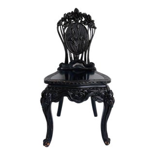 Early 20th Century Chinese Heavily Carved Ebonized Chair With Art Nouveau Influence, Greek Key Trim For Sale
