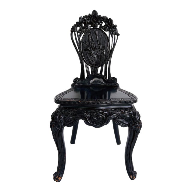 Early 20th Century Chinese Heavily Carved Ebonized Chair With Art Nouveau Influence, Greek Key Trim For Sale