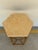 Modern Roja hexagonal marble and iron side table, ribbed frame finished in gold with a beige top, showroom floor sample