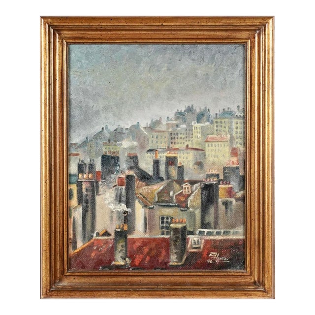 San Francisco Cityscape Emerging From Fog, Bob Herber 1946 Signed Oil Painting, Original Whistler-Style Gilt Frame, Mid-Century For Sale