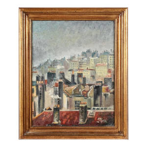 San Francisco Cityscape Emerging From Fog, Bob Herber 1946 Signed Oil Painting, Original Whistler-Style Gilt Frame, Mid-Century