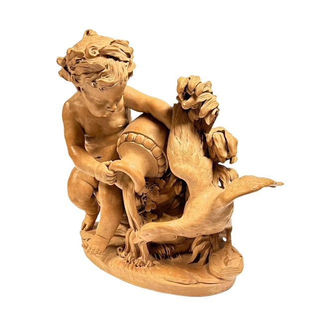 French 19 Century Putto with Swan Terracotta Sculpture in Manner of Clodion For Sale - Image 4 of 11