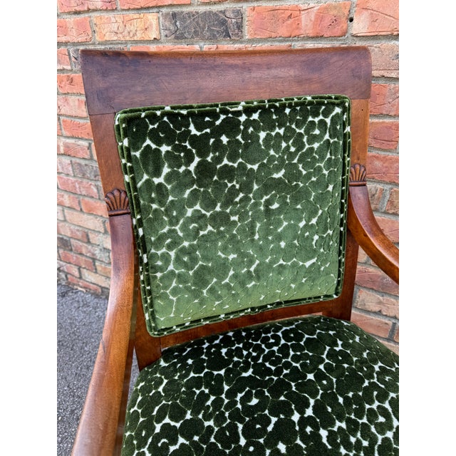 This is a beautiful 19th century French Empire style side chair loaded with character. The fabric is a stunning emraled...
