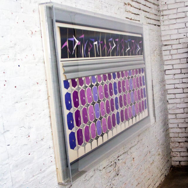 1984 Signed Abstract Geometric Large Scale 2d Origami Folded Paper Art Piece Purple Gray & White For Sale - Image 6 of 15