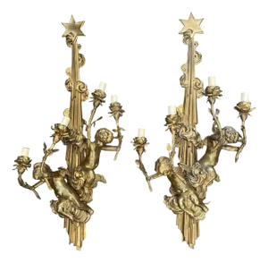 Pair of French Gilt Bronze Figural Four-Light Sconces, Late 19th Century.