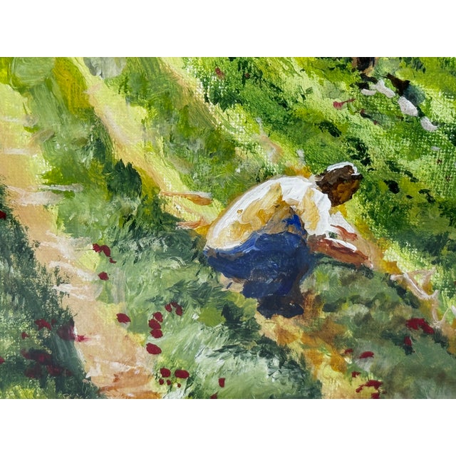 British 20th Century Landscape Oil Painting, Strawberry Pickers Harvesting in West Sussex South Downs For Sale - Image 14 of 18