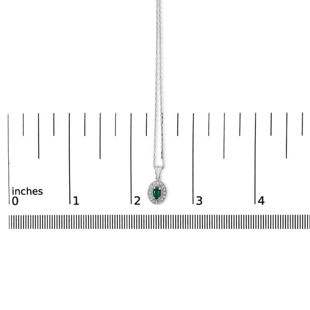 Early 21st Century 14K White Gold Oval Green Emerald and Diamond Halo Pendant Necklace - 18" Inches For Sale - Image 5 of 5