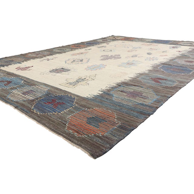 52214 Vintage Turkish Kilim Rug, 10'02 x 14'02. Woven with echoes of the past yet imbued with a modern sensibility, this...