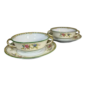 1930s Noritake Pecos Flat Cream Soup Bowl & Saucer Set- 4 Pieces