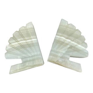 Shell or Fan Carved Onyx Bookends, a Pair For Sale