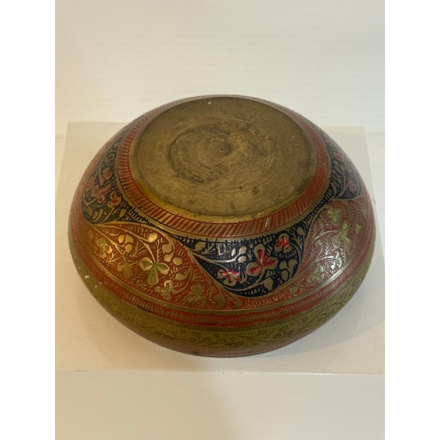 Vintage Hand-Etched Indian Brass & Enamel Decorative Bowl For Sale - Image 11 of 11