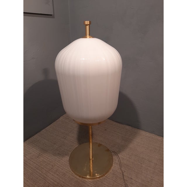 Satin Brass & Large Ribbed Milky Glass Floor Lamp For Sale - Image 5 of 17