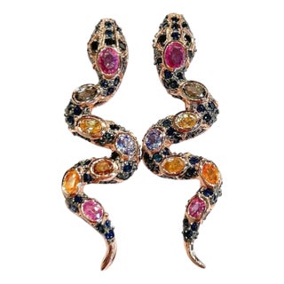 Bochic “Orient” Vintage Ruby & Sapphire Serpent Earrings Set 18K Gold & Silver For Sale