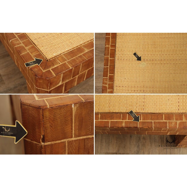 Mid Century Modern Wooden Block Carved Tile Parsons Coffee Table with Wicker Top For Sale In Philadelphia - Image 6 of 13