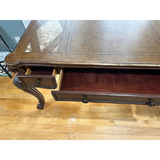 Brown Late 20th Century Traditional Carved Wood Executive Desk With Leather Top & Marble Inlay For Sale - Image 8 of 11