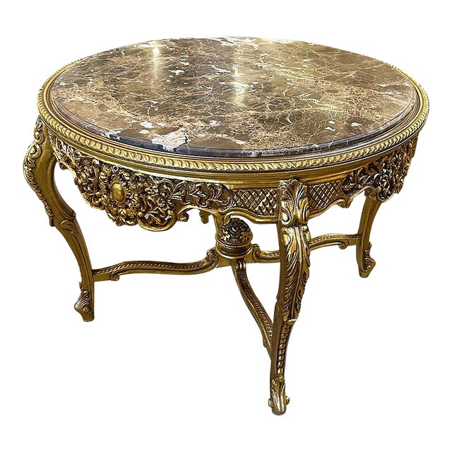 French Style Golden Medium Dining Table Marble Topped For Sale