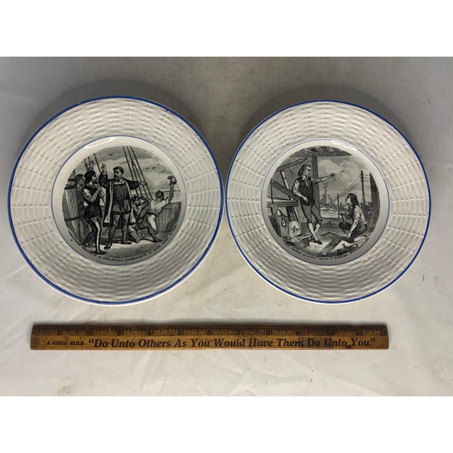 Mid 20th Century Digoin Sarreguemines Transferware Plates: Christopher Columbus & Claude Chappe For Sale - Image 5 of 5