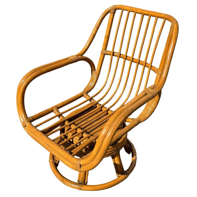 Restored 1940s Rattan Double-Strand Swivel Seat Lounge Chair For Sale - Image 4 of 6