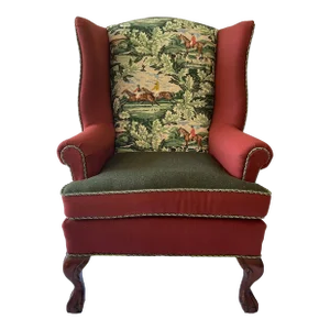 Late 20th Century Wingback Chair With Baker Fabric Hunt Scene
