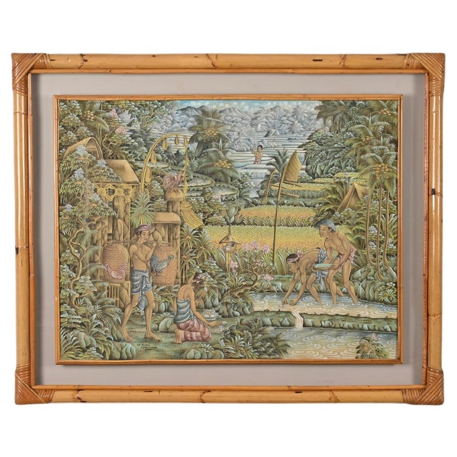 Mid-Century Balinese Painting on Silk with Bamboo and Woven Rattan Frame, 1960s For Sale