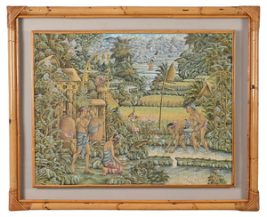 Mid-Century Balinese Painting on Silk with Bamboo and Woven Rattan Frame, 1960s