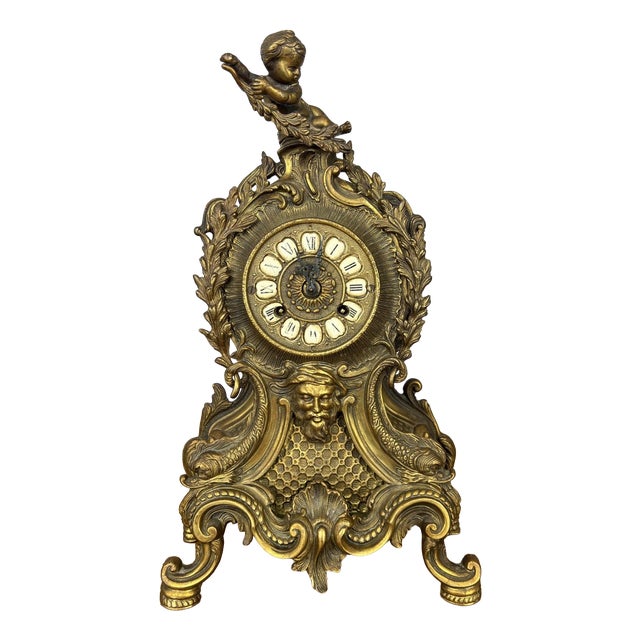 Vintage French Brass Ornate Cherub Mantel Clock For Sale