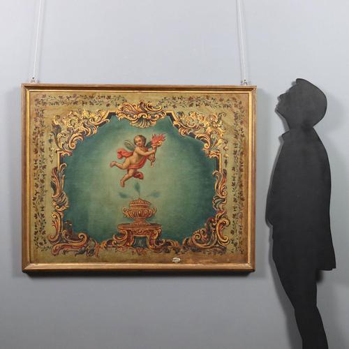 Oil on canvas. from an important Emilian villa, the large overdoor painting depicts an octagonal frame with scrolled...