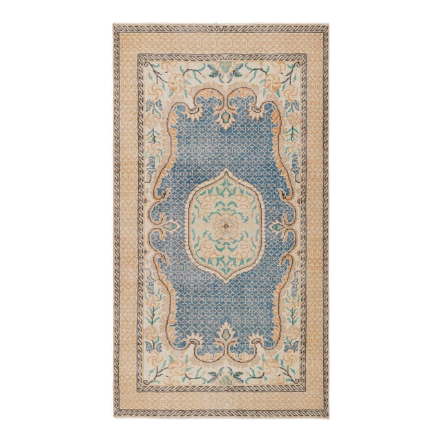 Vintage Zeki Müren Rug in Blue With Colorful Floral Medallion, From Rug & Kilim For Sale