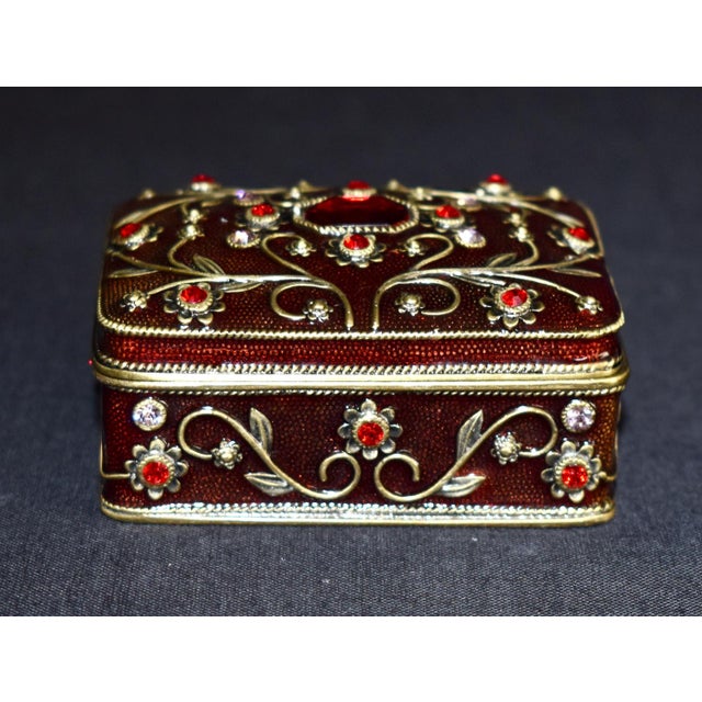 Vintage Two's Company Jeweled Enamel Trinket Box Burgundy Red Victorian Ornate For Sale - Image 4 of 16