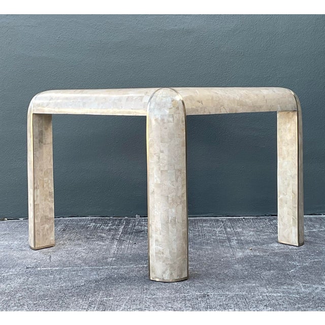 Alabaster Vintage Boho Tessellated Stone and Brass Inlay Game Table For Sale - Image 8 of 12