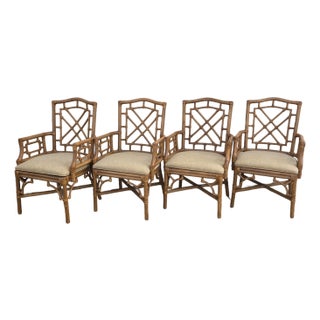 Late 20th Century Lexington Chinese Chippendale Faux Bamboo Rattan Dining Arm Chairs, Set of 4 For Sale