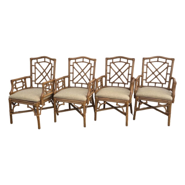 Late 20th Century Lexington Chinese Chippendale Faux Bamboo Rattan Dining Arm Chairs, Set of 4 For Sale