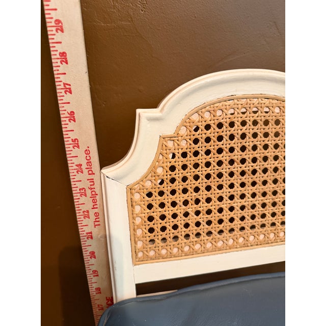 Vintage Cane and Wood Vanity Chair With Custom Blue Leather Tufted Cushion For Sale - Image 13 of 15