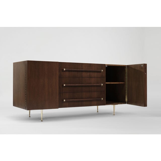 Mid 20th Century t.h. Robsjohn-Gibbings Credenza in Walnut and Brass, C. 1950s For Sale - Image 5 of 11
