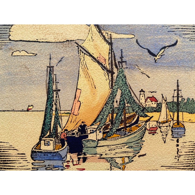 Robert Bruce Rogers Vintage 1932 " Drying Rigging, Provincetown " Waterfront Seascape Framed Original Signed Fine Art Woodblock Print For Sale In Kansas City - Image 6 of 14