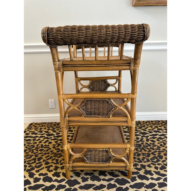English Vintage British Colonial Rattan, Wicker & Cane Etagere Shelf With Leather Bindings For Sale - Image 3 of 17