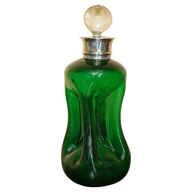 Antique Green Wine Port Spirit Decanter with Sterling Silver Collar, 1904 For Sale