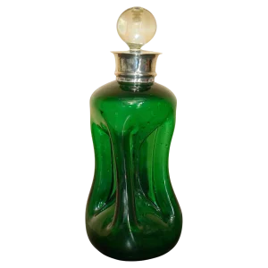 Antique Green Wine Port Spirit Decanter with Sterling Silver Collar, 1904