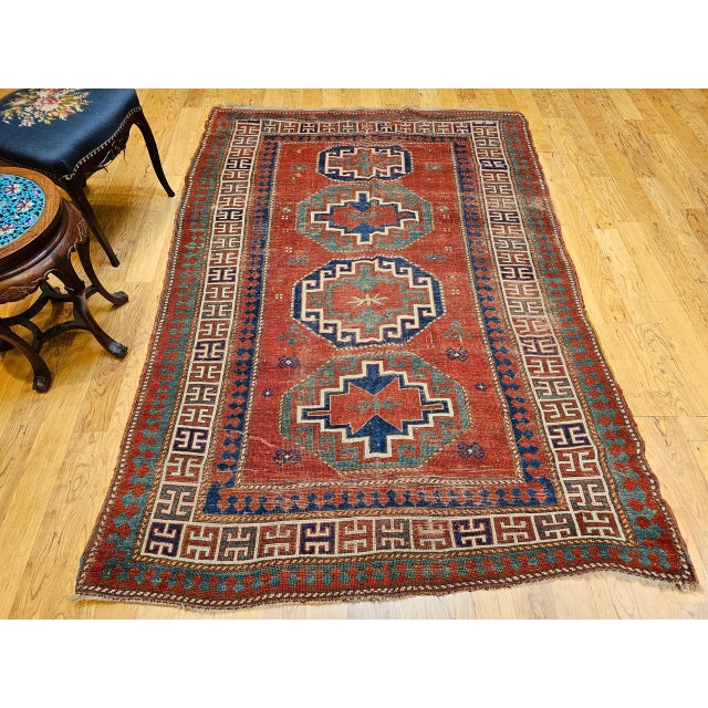 Textile Antique Caucasian Kazak Rug, Handwoven Wool, Geometric Medallion Design, Red & Ivory, 5' x 7' For Sale - Image 7 of 17