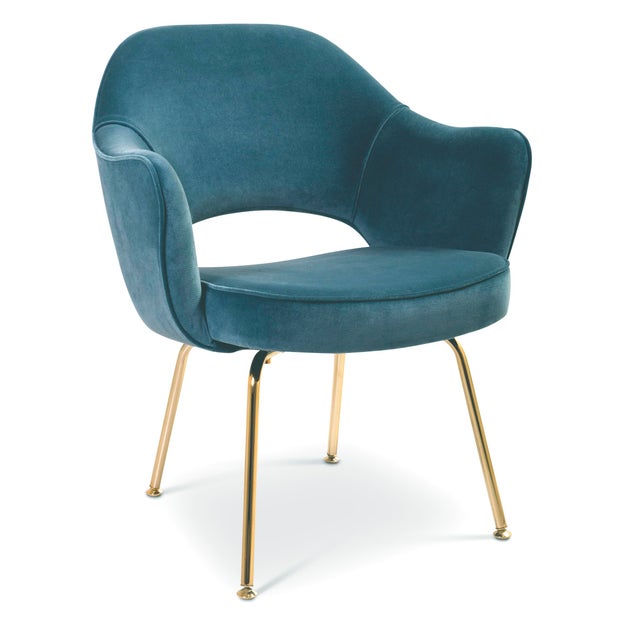 Robin's Egg Blue Saarinen Executive Arm Chair in Pavo Velvet, Gold Edition For Sale - Image 8 of 8