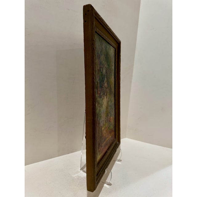 Early 20th Century Antique Oil on Board Landscape Painting Wooded Path Rustic Fence Signed Period Gilt Frame For Sale - Image 5 of 7