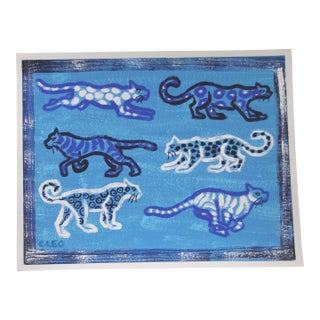 Leopards Tigers Blue White Minimalism Folk Art Abstract Original Painting by Cleo Plowden For Sale