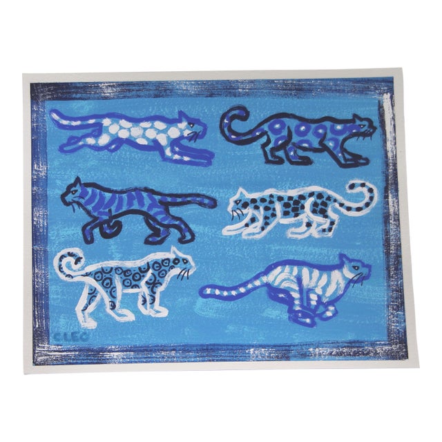 Leopards Tigers Blue White Minimalism Folk Art Abstract Original Painting by Cleo Plowden For Sale