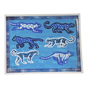 Leopards Tigers Blue White Minimalism Folk Art Abstract Original Painting by Cleo Plowden