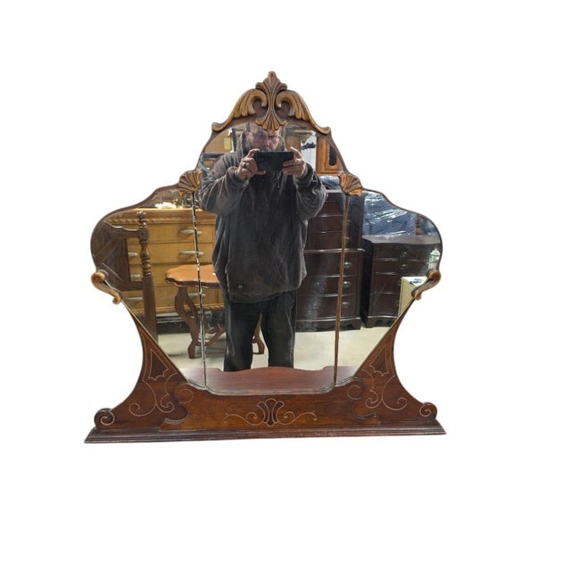 Wood Antique Victorian Inlaid Mahogany Vanity W/ Tri-Fold Mirror, Refinished Top For Sale - Image 7 of 10