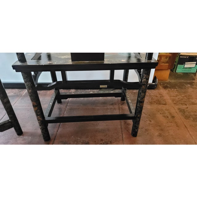 Black Chinese Horseshoe Chairs Black Lacquer Hand Painted Pair For Sale - Image 8 of 13