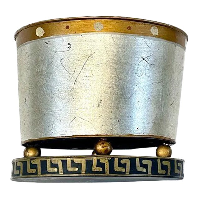 Vintage Painted Silver & Gold Greek Key Cachepot For Sale