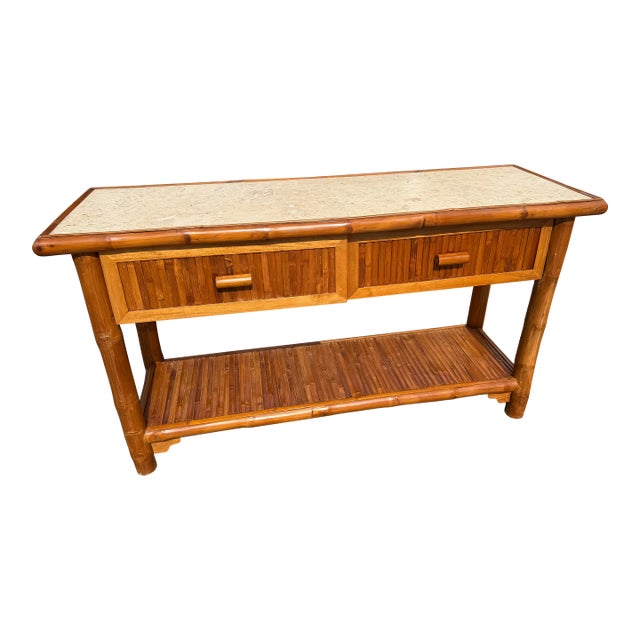 Vintage Huge Bamboo Console Table With Stone Top For Sale